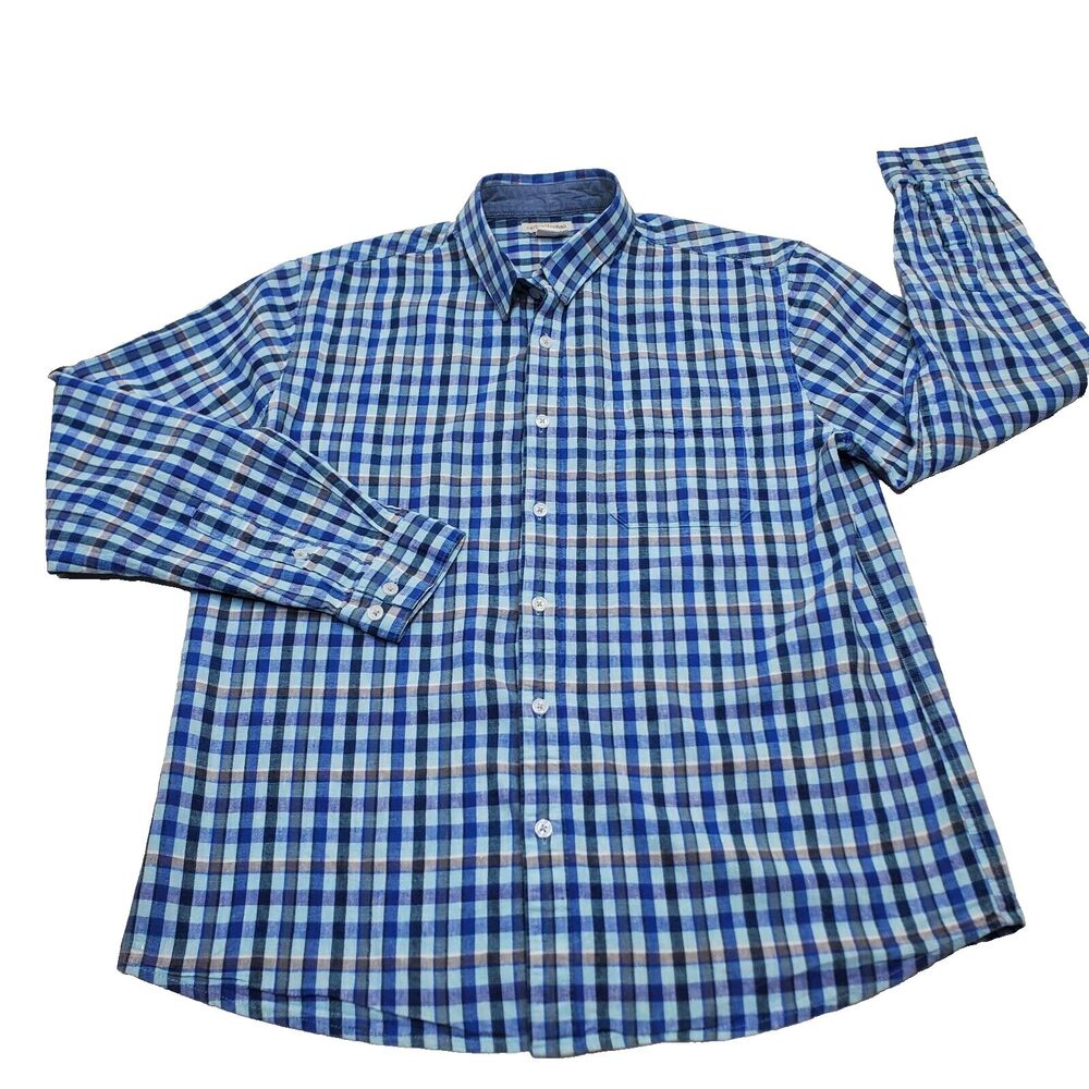 Carbon 2 Cobalt Shirt Linen Blend Blue Check Long Sleeve Button Down Mens Medium